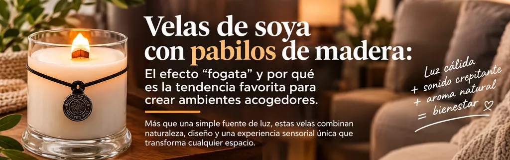 Velas de soya con pabilos de madera: el efecto fogata y por qué es la tendencia favorita para crear ambientes acogedores. Luz cálida + sonido crepitante + aroma natural = bienestar.