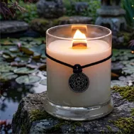 Vela de cera de soya en recipiente de vidrio junto a plantas, ambiente exterior