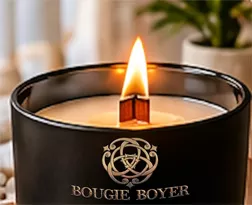 Vela negra Bougie Boyer encendida con planta de fondo
