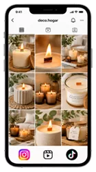Mockup de teléfono mostrando una cuadrícula de fotos de velas en redes sociales, cuenta deco.hogar