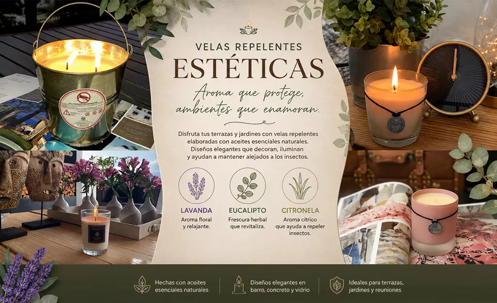 Velas repelentes estéticas: aroma que protege, ambientes que enamoran. Elaboradas con aceites esenciales de lavanda, eucalipto y citronela.