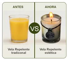 Comparación: antes, vela repelente tradicional amarilla; ahora, vela repelente estética con acabado elegante.